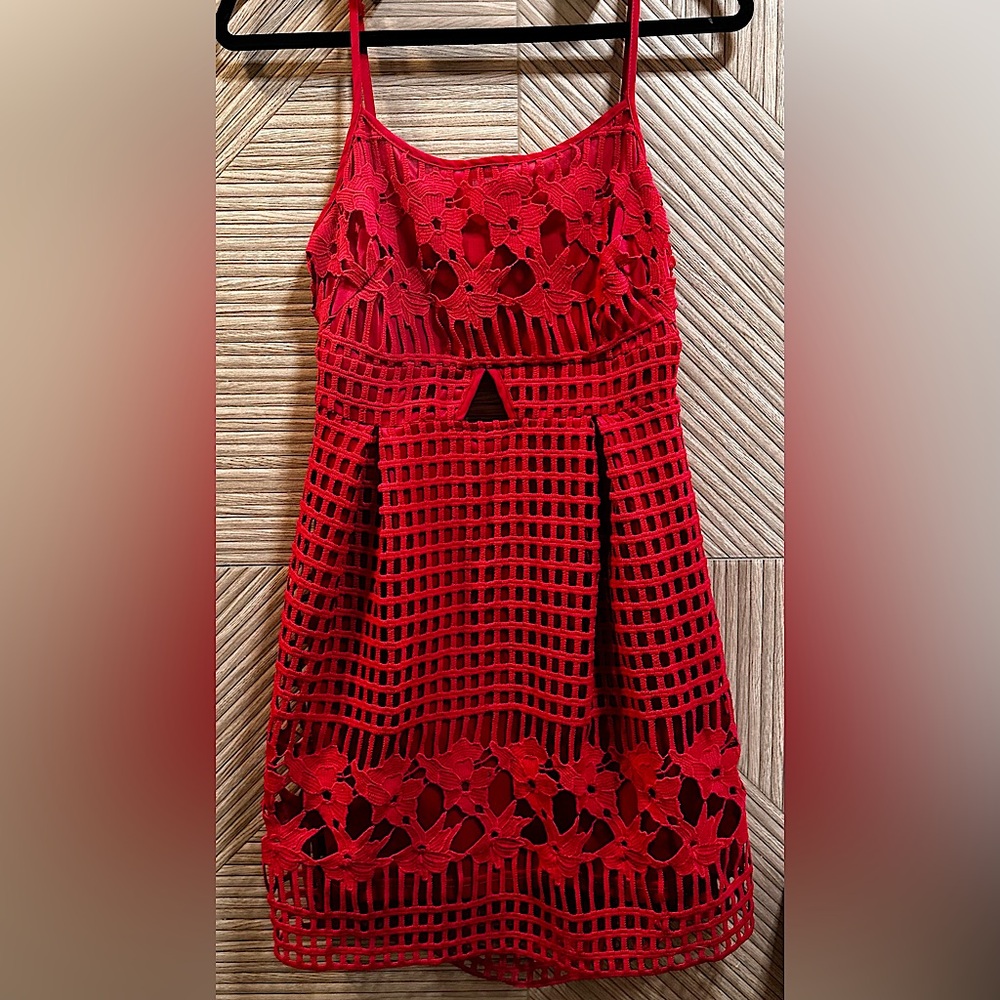 Nellis womens M coral pink “lace” crochet sexy open back dress